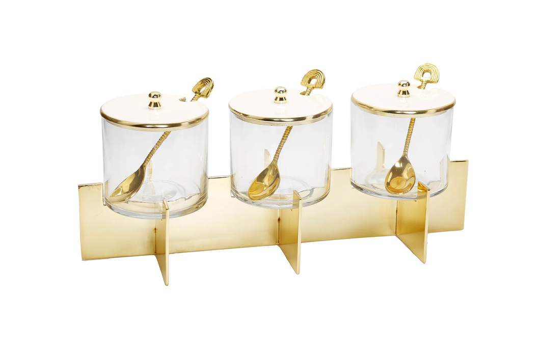GCS3345 Three Glass Canister Set White Lids Gold Block Base